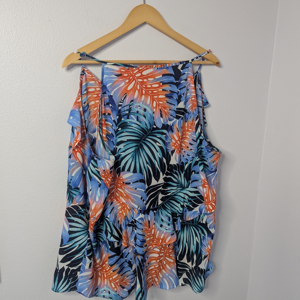 Jennifer Lopez Tropical Ruffle Tank Top, (Approx 2X/3X), Colorful Monstera Print - Picture 3 of 3